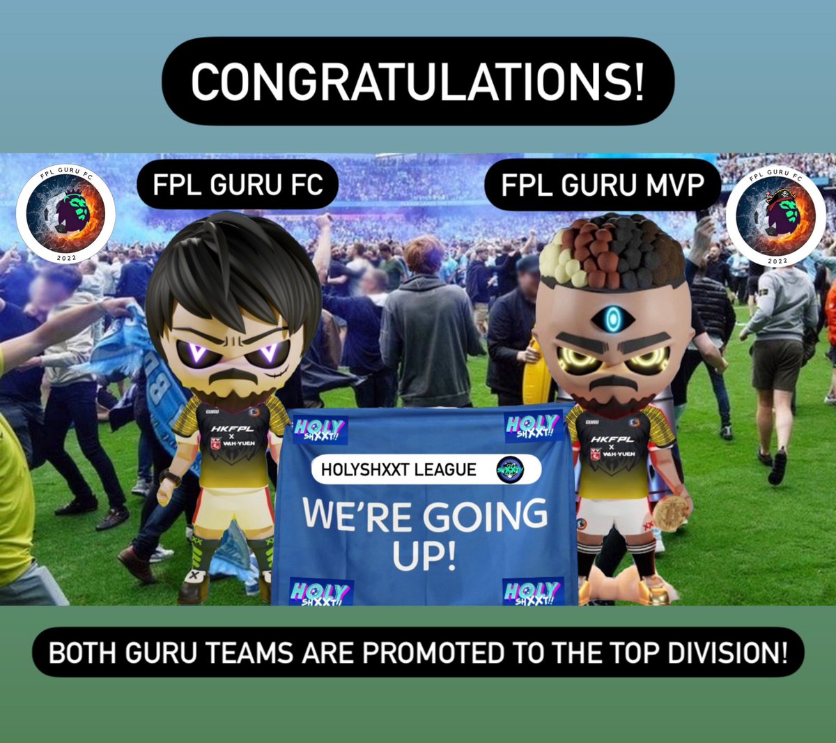Both of our teams came second in the league and earned a promotion to the top division D1 in season 2!

Well done and great effort! Let’s keep up with the momentum next season.

We fight again in February! 

#guruforthewin
#communitygameFi
@holyshxxtnft