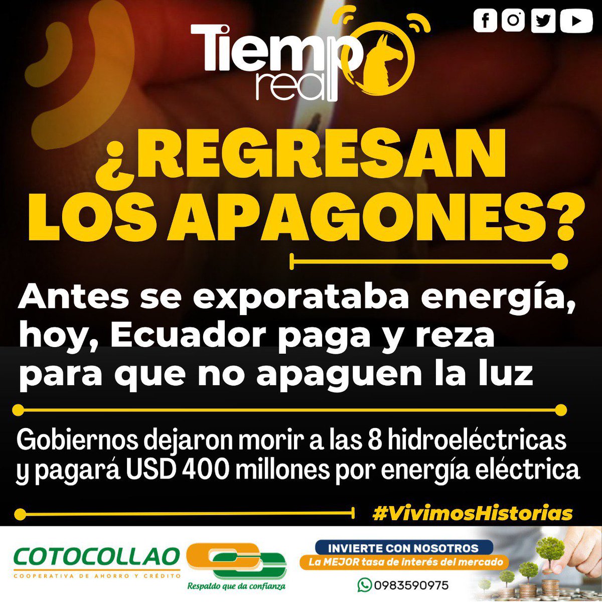 TiempoRealEC's tweet photo. 🆘.#ALERTA |
🚨 Dejaron sin mantenimiento a las 8 principales hidroeléctricas del #Ecuador 
🚨 Además de la grave ausencia de lluvias que provoca un grave estiaje, lleva al Gobierno a importar energía eléctrica de #Colombia por USD 40 millones. 
🚨 No se descartan apagones. https://t.co/JmJMj2ECck
