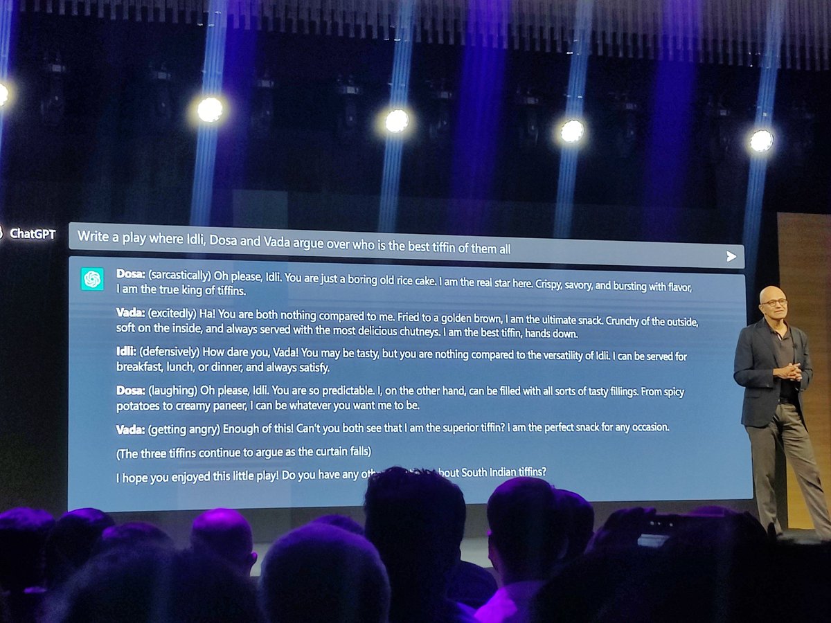 Haripriya Suresh (@hrprya) on Twitter photo Satya Nadella in Bengaluru asks ChatGPT to give the list of popular south Indian tiffins (it included biryani in the list 😂), and then makes it write a play to get idli, dosa, and vada to argue on the best tiffin of them all
<a href="/moneycontrolcom/">Moneycontrol</a> <a href="/chandrarsrikant/">Chandra R. Srikanth</a> Satya Nadella in Bengaluru asks ChatGPT to give the list of popular south Indian tiffins (it included biryani in the list 😂), and then makes it write a play to get idli, dosa, and vada to argue on the best tiffin of them all
<a href="/moneycontrolcom/">Moneycontrol</a> <a href="/chandrarsrikant/">Chandra R. Srikanth</a>
