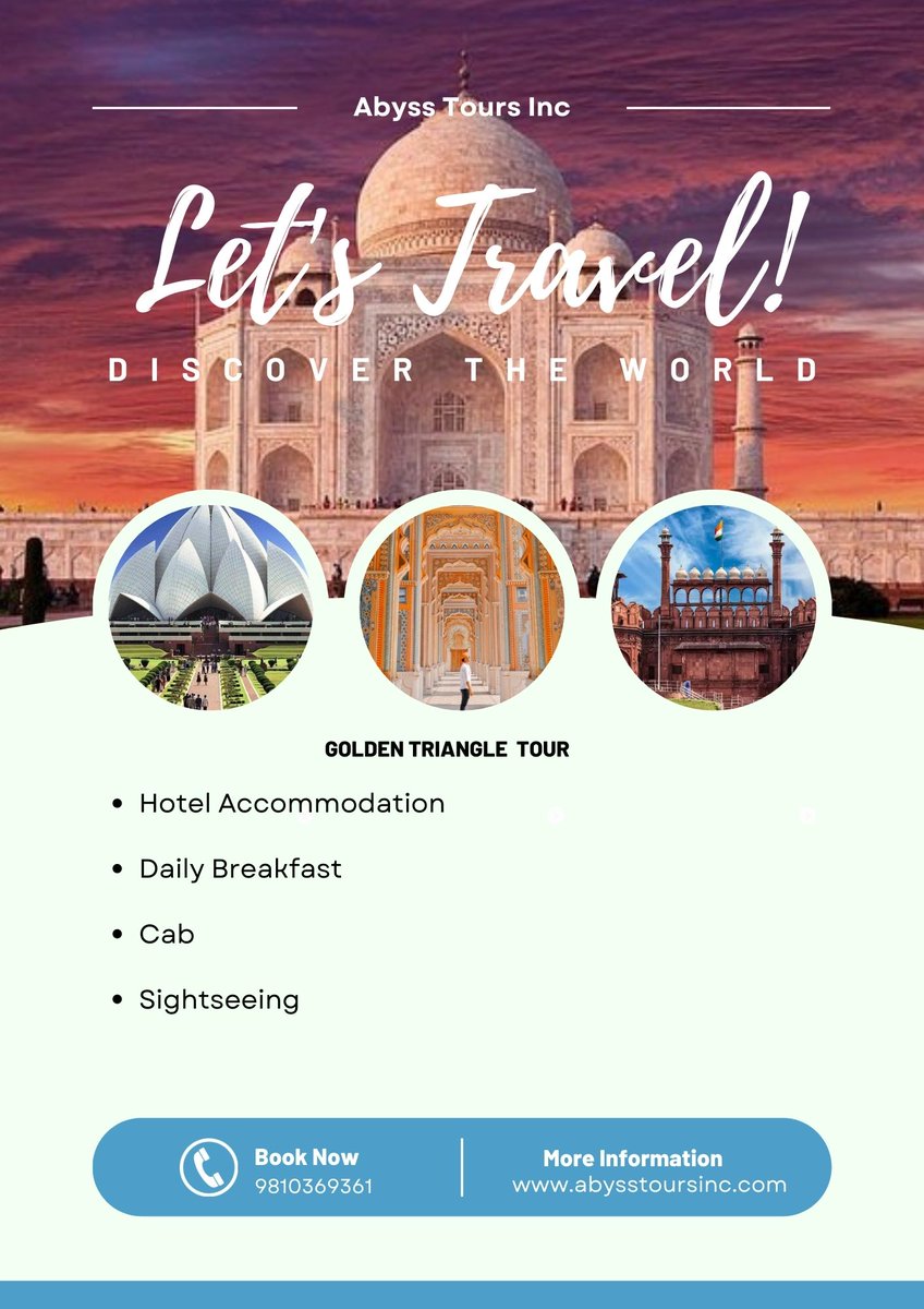 abysstoursinc's tweet photo. #GoldenTriangletour is a famous #destination for worldwide #tourists includes #Delhi, #Rajasthan and #Agra. We provide
customized #tourpackages to #GoldenTriangle.
For details call/whatsapp on +91-9810369361 or
E-mail :- sales@abysstoursinc.com https://t.co/r0FeI9XX9P