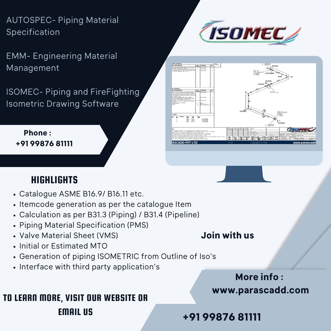 AUTOSPEC- #PipingMaterialSpecification
EMM- #EngineeringMaterialManagement
ISOMEC- #Piping and FireFighting #IsometricDrawingSoftware

For More Details Visit:-
parascadd.com/products/epcpr…

For more products visit:-
parascadd.com/products/

#isometric #isometricart #isometricdesign