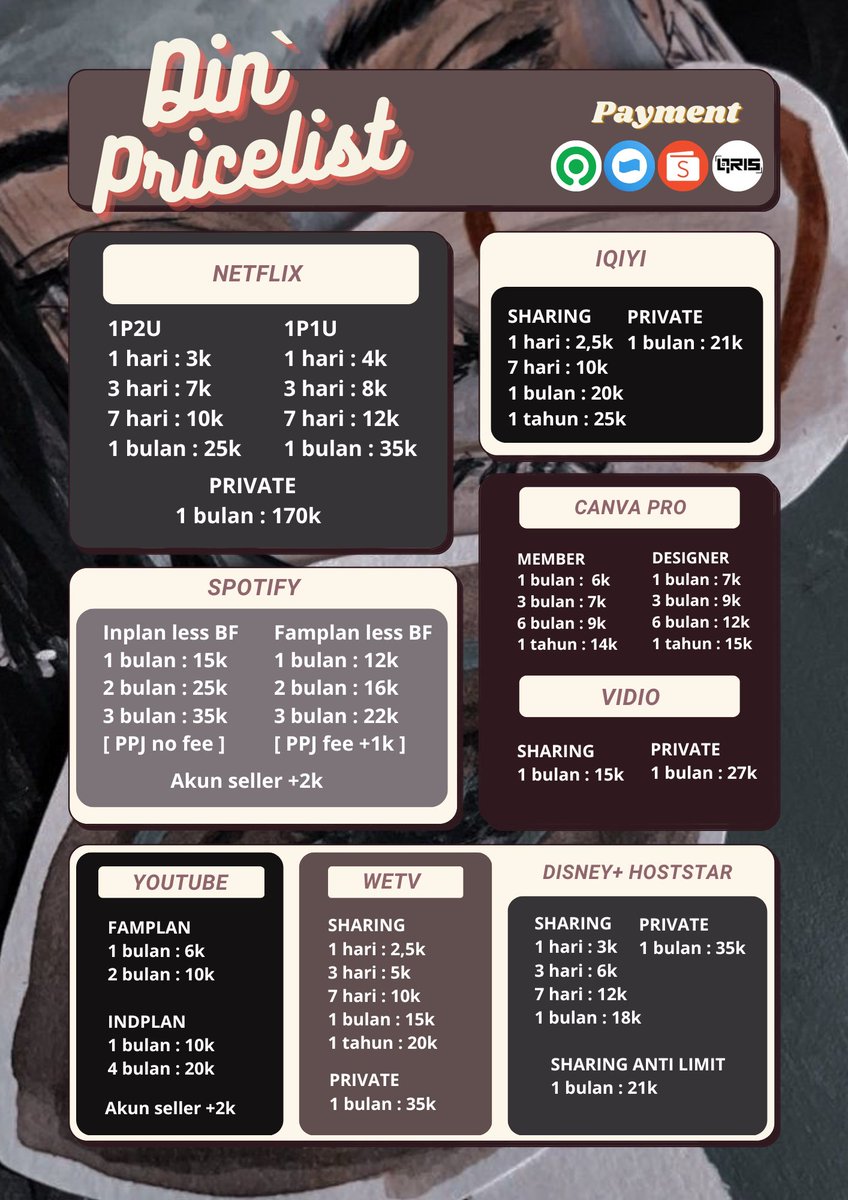 quartmooon's tweet image. ✧` Bismillahirrahmanirrahim. Hai, Aku jual app premium nih. Ada canva, netflix, spotify, wetv, iqiyi, disney+, youtube premium, viu dsb.

✓fast, trusted, dan bergaransi

💳 All e-wallet &amp;amp; qris
💌 » wa.me/+6287843291437

#zonajajan #zonaba #zonauang  #zonabu