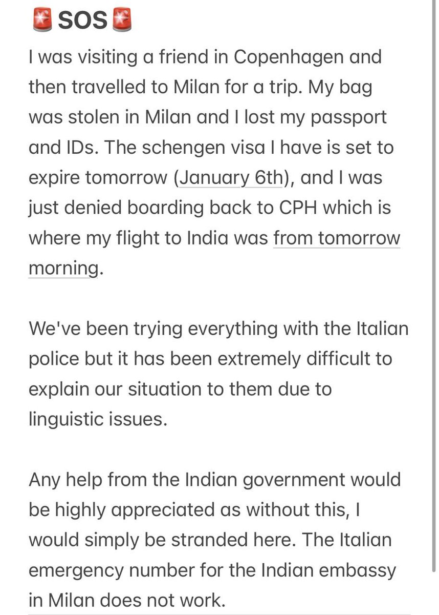 bhavanap99's tweet photo. *SOS*
Stuck in Milan as my passport got stolen!
Please help, as my visa is set to expire tomorrow (6th Jan) and my flight back to India is scheduled tomorrow morning from Copenhagen. @KTRTRS @PMOIndia @JM_Scindia @CPVIndia @passportsevamea  @MEAIndia https://t.co/doz76OjtcW