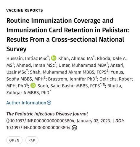 #Publication 
Routine immunization coverage and card retention in #Pakistan - results from a cross sectional survey. #TPVICs #MedTwitter <a href="/OpenAcademics/">OpenAcademics</a> <a href="/EPIPakistan/">Federal Directorate of Immunization (FDI)</a> <a href="/PIDJournal/">Ped Infect Diseases</a> #Immunization #Vaccination