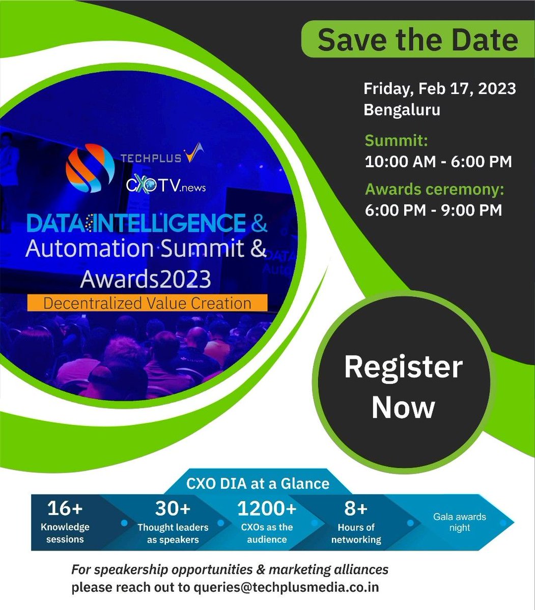 cxotvnews's tweet image. Announcing the CXO Data Intelligence &amp;amp; Automation Summit &amp;amp; Awards 2023! #DataIntelligenceSummit

Join us in #Bengaluru on Feb 17, 2023. Sign up at lnkd.in/dksFngw8.

For speaking &amp;amp; partnership opportunities, reach us at queries@techplusmedia.co.in

#data #tech #technology