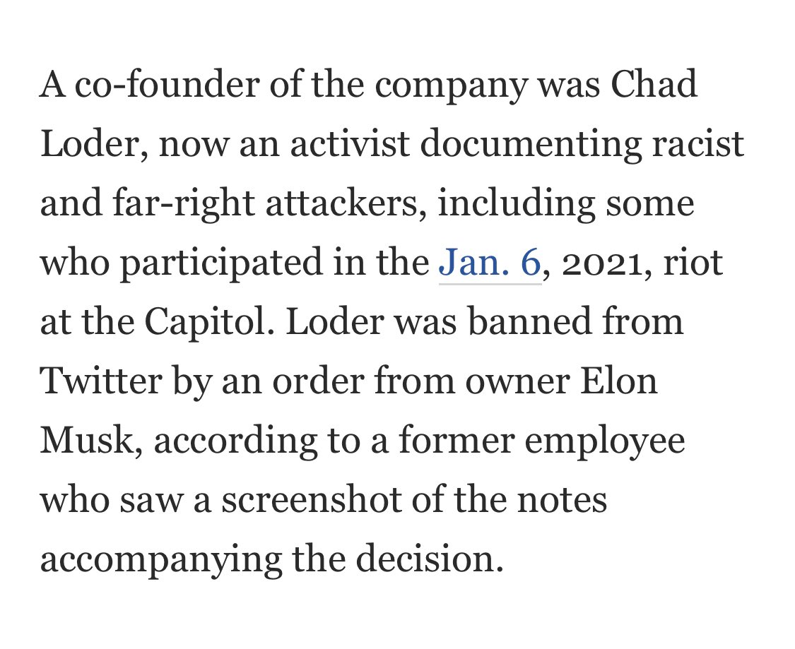 RobertMackey's tweet photo. Per @josephmenn Elon Musk ordered Twitter to ban antifascist researcher Chad Loder https://t.co/tPBKAvWsbv As I reported, Loder's open-source investigations ID'd Capitol rioters but infuriated 2 far-right activists Musk admires, Andy Ngo and Chaya Raichik https://t.co/TagSTpsNkT https://t.co/tlGsiPCgKe