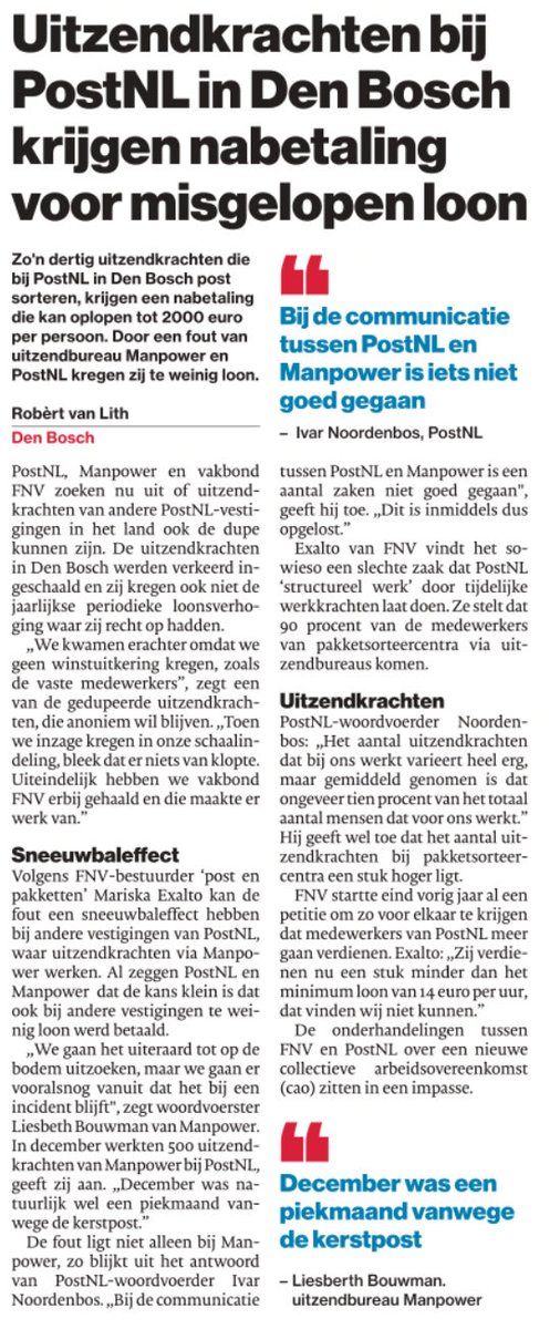 Dankzij #FNV krijgen uitzendkrachten bij PostNL in Den Bosch nabetaling van misgelopen loon #cao ⁦<a href="/FNV/">FNV</a>⁩ ⁦<a href="/PostNL/">PostNL</a>⁩ ⁦<a href="/ManpowerGroupNL/">ManpowerGroup NL</a>⁩ ⁦<a href="/ManpowerGroup/">ManpowerGroup</a>⁩ ⁦
<a href="/MariskaExalto/">Mariska Exalto</a>⁩