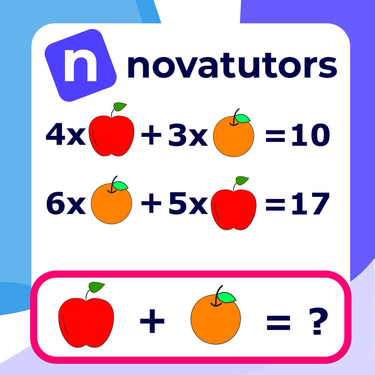NovaTutors's tweet image. Hey Twitter! Does anyone remember how to do Nat5/GCSE maths?

If you think you can solve it, comment the solution below!

#mathspuzzle #mathpuzzle #novatutors #onlinetutoring #edtech