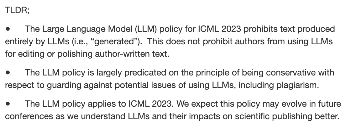 icmlconf's tweet photo. Clarification concerning Large Language Models in the Ethics Policy in the #ICML2023 Call for Papers: 
https://t.co/GpapPPCf4l https://t.co/glHztYUXcB