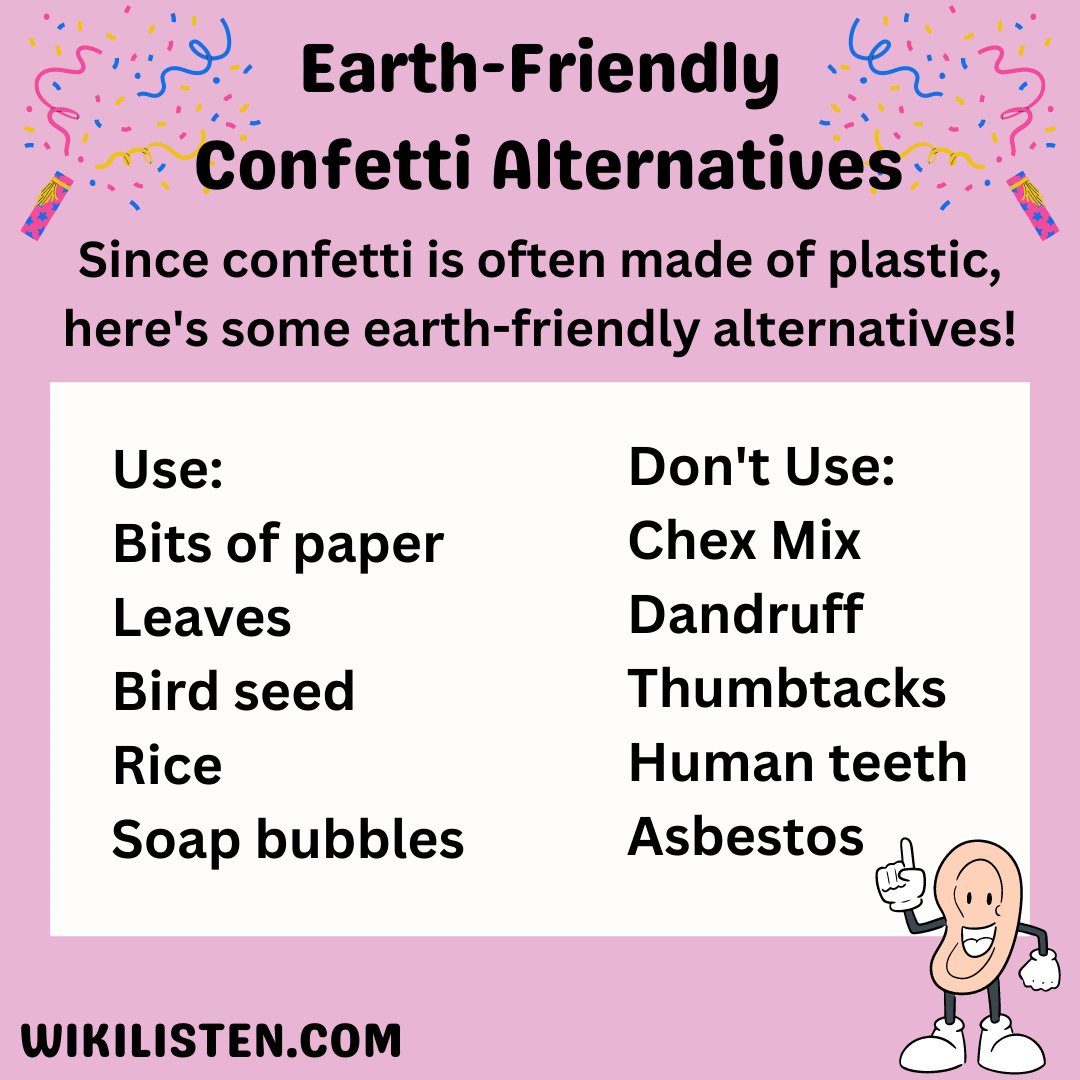 wiki_listen's tweet photo. Want to use confetti but worried about plastic? Hereβs some earth-friendly alternatives! Listen to our episode about Confetti here: https://t.co/JazN631XC0 #Confetti #Coriandoli #PaperChads #PetalConfetti #TableConfetti #Celebrations #WeddingCustoms #WikiListen https://t.co/xbYigw2fu8