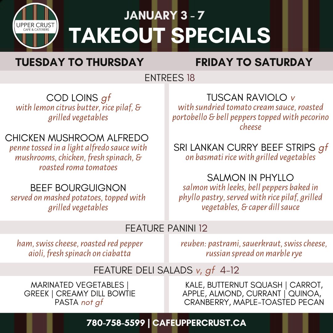 UpperCrustYEG's tweet photo. You don't want to miss the first Upper
Crust takeout specials of the new year!

#yeg #yegfood #yegeats #yegrestaurant #yeglocal
#yegtakeout https://t.co/H4Vupz4rHH