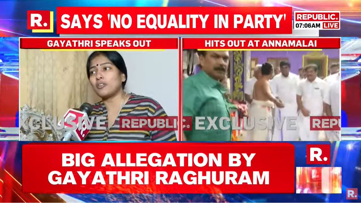 republic's tweet photo. #BREAKING | After quitting BJP, Gayathri Raghuram speaks to Republic, says she has 'enough proof to bring Annamalai down'.

Watch - https://t.co/3tH3sZCsxO https://t.co/Rjg10mOOip