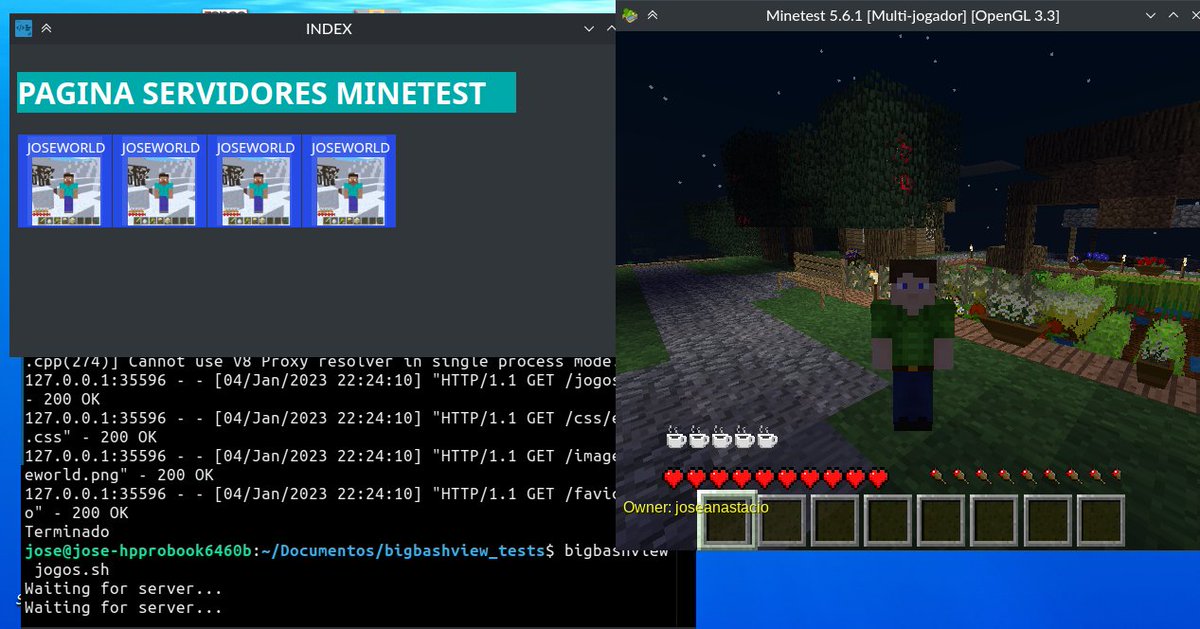 josegamestest's tweet image. Bigbashview teste com Minetest
Fiz uma barra de ferramentas simples em #Bigbashview para entra e alternar de servidores #Minetest com apenas um click, sem precisar escrever endereço IP, porta, nome e senha. E algo que pode ficar bom com tempo. apenas testei no meu joseworld.