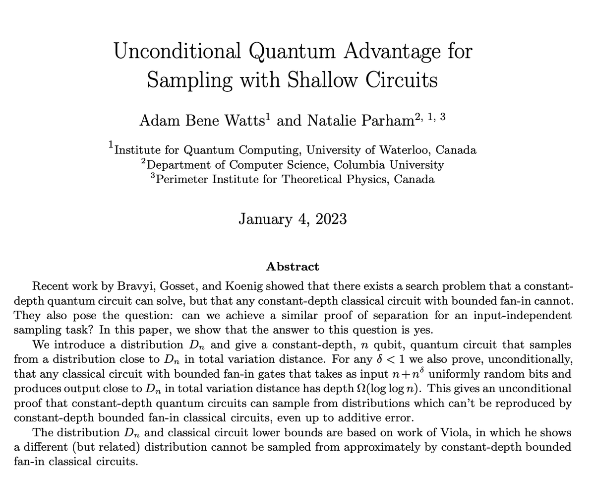 nat_parham's tweet photo. I am excited to announce the release of my paper with Adam Bene Watts:

“Unconditional Quantum Advantage for Sampling with Shallow Circuits”
https://t.co/VYMYQErXth
https://t.co/MXp5pEjsd2
1/8 https://t.co/GPOLhCOJSw