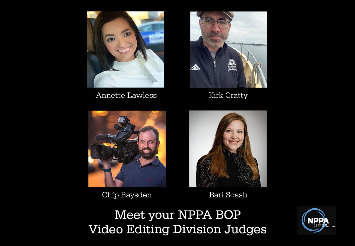 NPPA's tweet photo. Meet your @NPPA BOP video editing judges: @AnnetteLawless, @kacratty, @chipbaysden, @BariSoash. The 2023 competition is accepting entries and will remain open until 11:59 p.m. ET on January 24, 2023. https://t.co/zj2mt7Sw7x  #NPPA #visualjournalism #BOP23 https://t.co/cHx57hz3tW