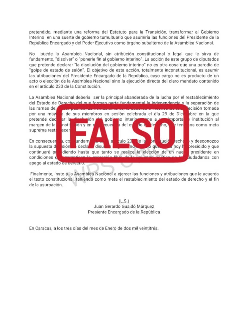 ATENCIÓN: Circula una carta FALSA atribuida al Presidente (E) y de la Asamblea Nacional Juan Guaidó. 

Cualquier decreto oficial sólo será difundido a través de los canales oficiales. Evitemos difundir noticias falsas.