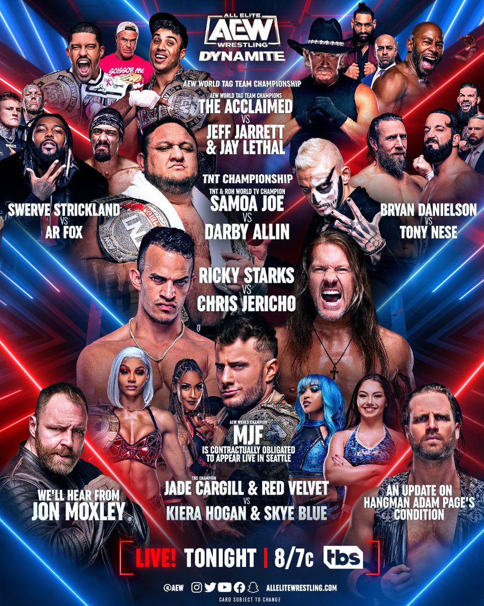 BrijSoral88's tweet image. The first #AEWDynamite of 2023 is TONIGHT at 8pm ET/7pm CT LIVE from Seattle, WA on #TBSNetwork!