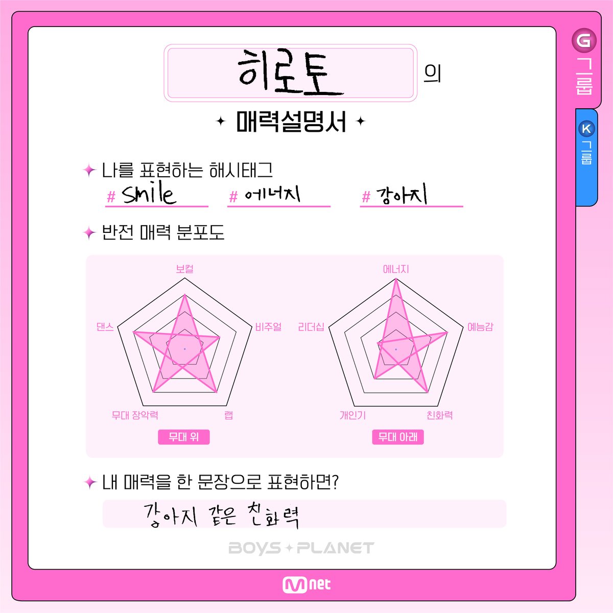 #히로토 #HIROTO | G그룹

찰칵📸
소년들이 직접 찍고, 써 본 '나만의 매력'✨

소년들의 더 많은 정보를 알고 싶다면?
▶ 프로필 링크를 확인하세요!

<#BOYSPLANET>
02. 02 (Thu) 8PM (KST) 첫방송

#보이즈플래닛 #Mnet