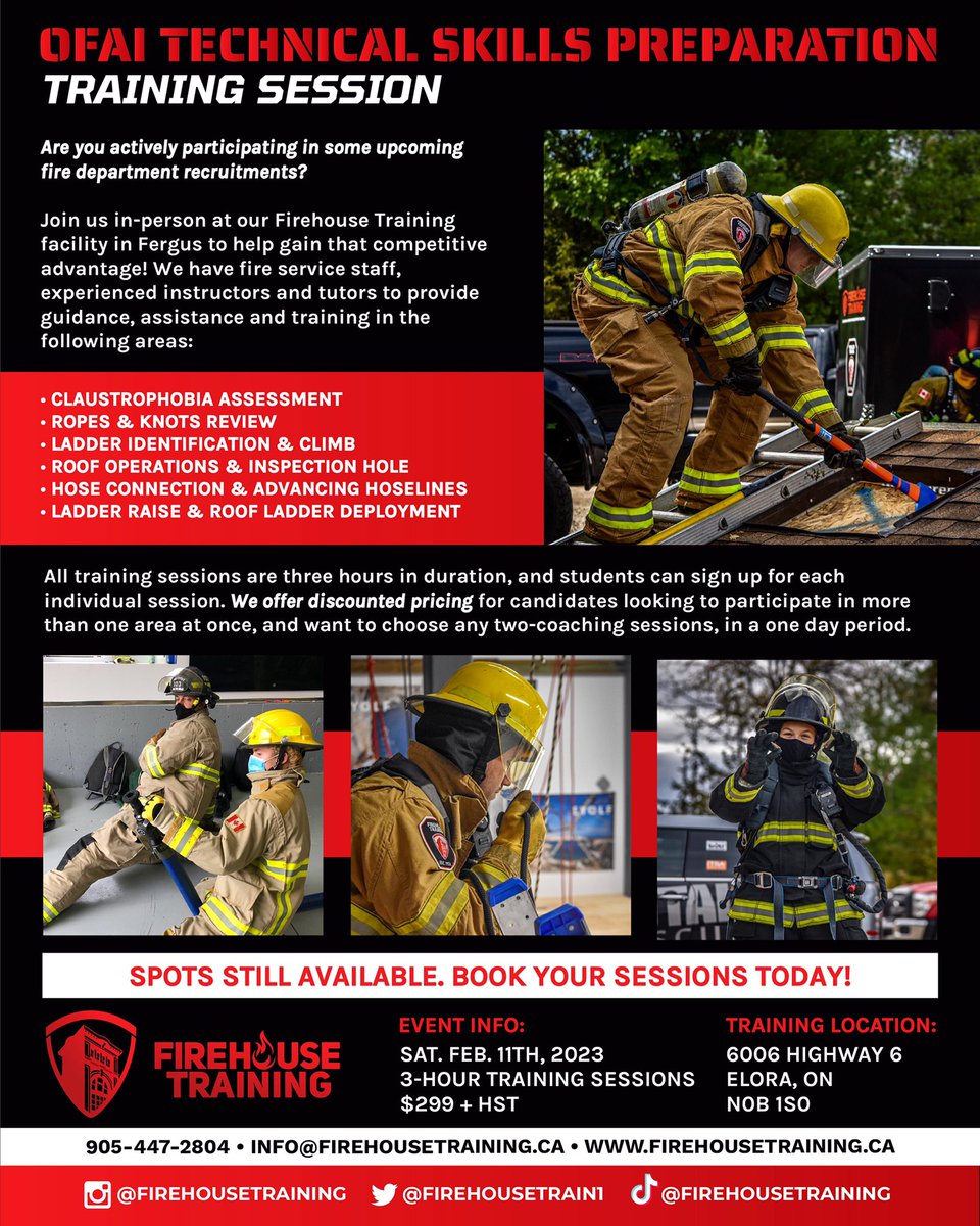 FirehouseTrain1's tweet photo. The OFAI Ontario Fire Administration has announced it’s 2023 schedule with revised changes to its Stage III Testing Program effective this month. Call @FirehouseTrain1 today to register. Date: Sat, February 11th
Cost: $299 + HST 
Link in bio.🚒🚨#careercoach #testprep #firetest https://t.co/1yPOlkIdBV