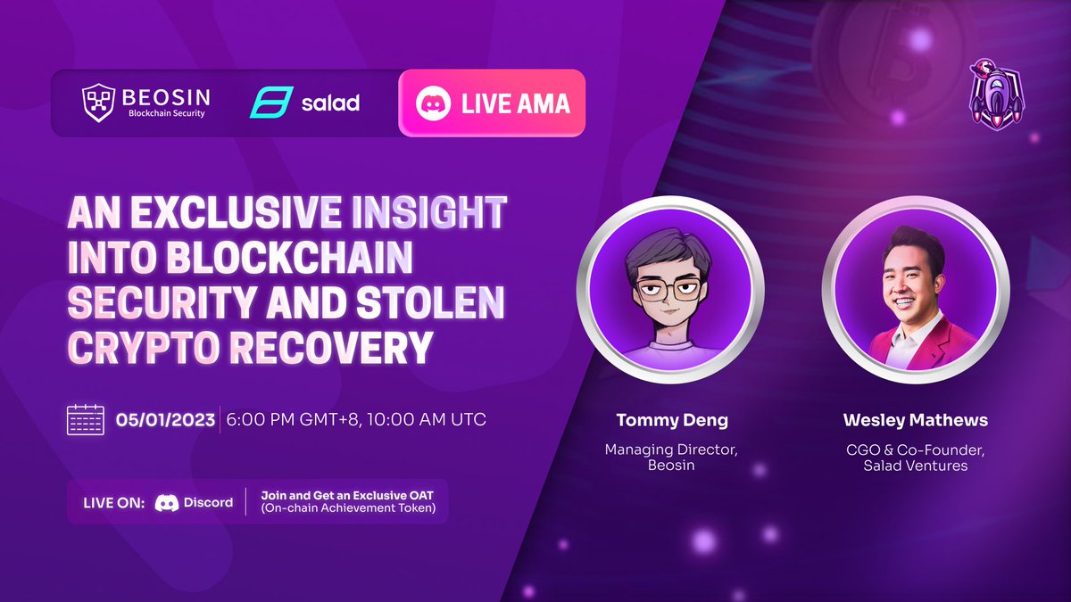 Salad🥗 (@saladventures) on Twitter photo FIRST AMA OF 2023🎉
⚡️Salad Ventures x <a href="/Beosin_com/">Beosin 🛡 Web3 Security & Compliance</a> AMA⚡️
Tune in to learn exclusive tips and knowledge about #blockchain security with <a href="/WesleyKMathews/">🥗🇸🇬 Captain Aqua | $SALD</a> & <a href="/TommyDeng_DAO/">Tommy Deng 行者涵雨 🇸🇬</a> 🤩
📆 5th Jan 2023
⏰ 6PM GMT+8 / 10AM UTC
👾 discord.com/saladventures FIRST AMA OF 2023🎉
⚡️Salad Ventures x <a href="/Beosin_com/">Beosin 🛡 Web3 Security & Compliance</a> AMA⚡️
Tune in to learn exclusive tips and knowledge about #blockchain security with <a href="/WesleyKMathews/">🥗🇸🇬 Captain Aqua | $SALD</a> & <a href="/TommyDeng_DAO/">Tommy Deng 行者涵雨 🇸🇬</a> 🤩
📆 5th Jan 2023
⏰ 6PM GMT+8 / 10AM UTC
👾 discord.com/saladventures
