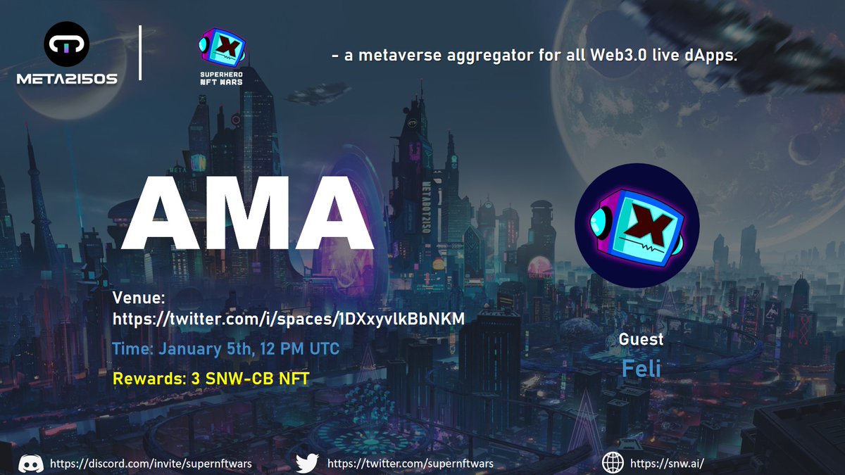 Meta2150s's tweet image. 👥Join our #AMA with @supernftwars, a metaverse aggregator for all Web3.0 live dApps.

⏰12 PM UTC, Jan 5th
🎁3 SNW-CB NFT

🔗

👇Win the prize!
gleam.io/kp0lq/meta2150…