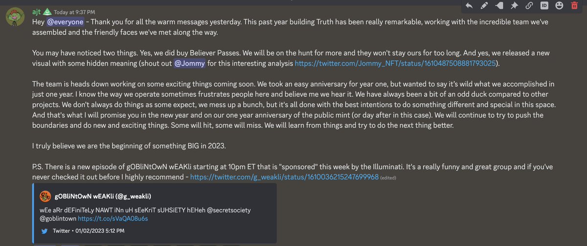 For those not in the <a href="/secretsociety/">Illuminati Collective</a> discord, I just posted this a few minutes ago. 

One year down, forever to go.

🫡