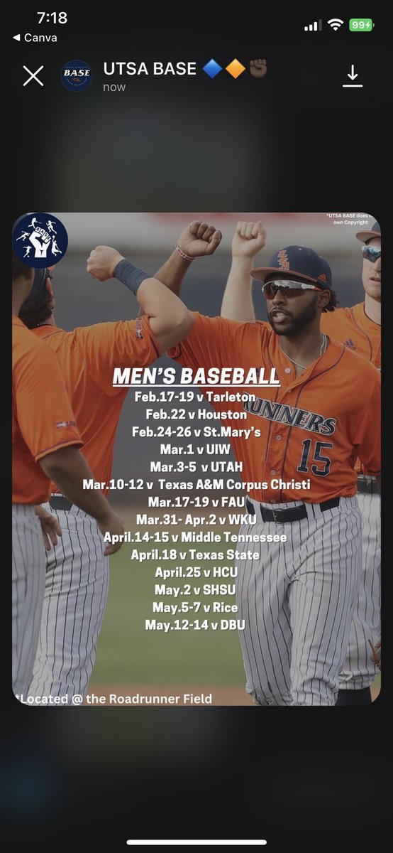 base_utsa's tweet photo. Happy New Year 🎊🤩
Check out the spring sports and their upcoming home events💯 https://t.co/md7z8L4dtS