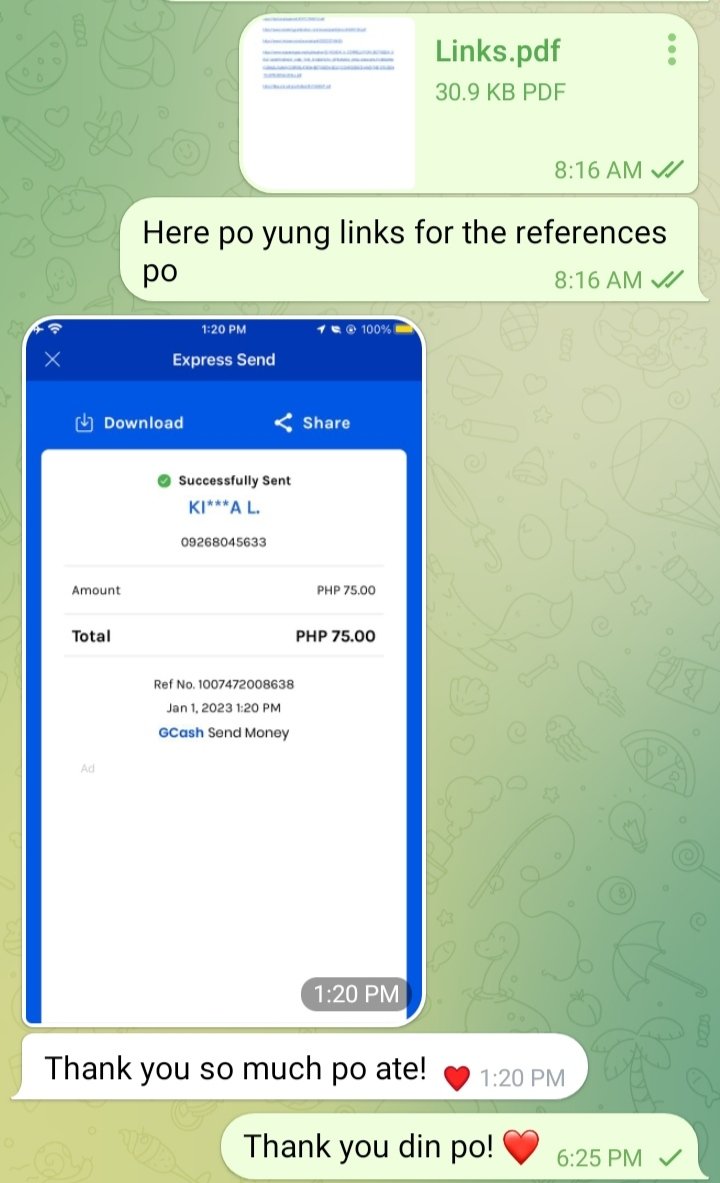 efflorescing22's tweet photo. 📌Proofs of Transactions

Hi, I'm Kianna Limocon, an acad commissioner at your service. I'm a fourth year BSED English student. I specialize in academic writing. Please DM me anytime if my help is needed.

lf commissioner sorry for exposure only. https://t.co/Q9JQoYwfHx