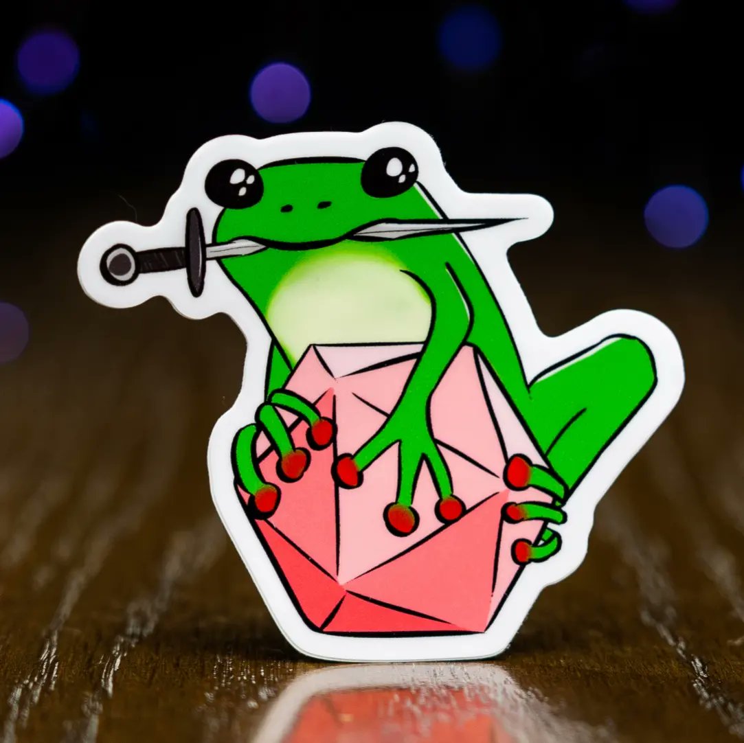 ShoppeFamiliar's tweet photo. In need of the help action? Our “Stabby Frog” sticker is here to distract your enemies and give you advantage on your quest #dungeonsanddragons #dndsticker #dicesticker #frogstickers https://t.co/zYCzxqF2OQ