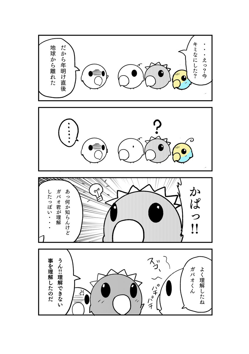 とあるインコの日々 2023あけおめの巻🎍
 
今年もうちのインコたちは元気いっぱいです✨

#漫画が読めるハッシュタグ  #4コマ #インコ 
#年越し 