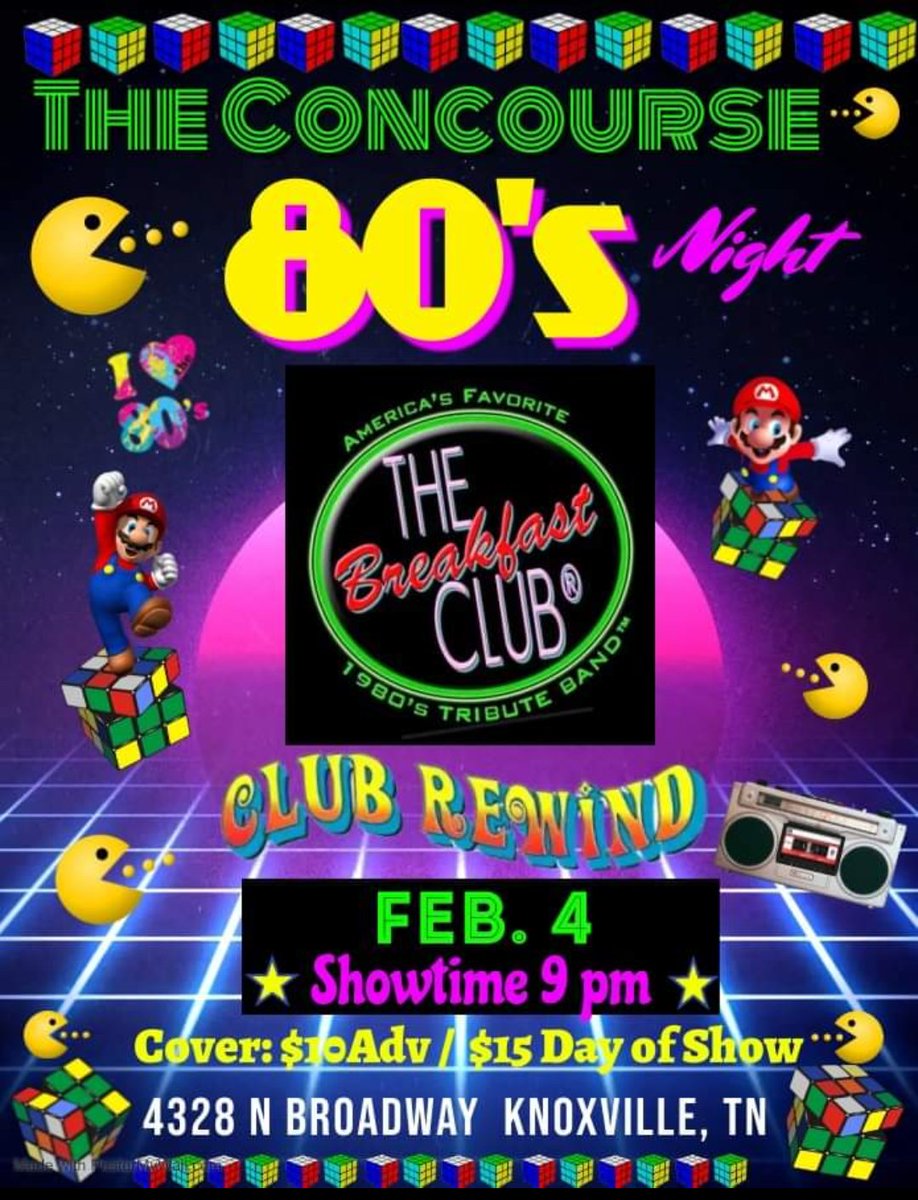 Love the 80's???  Don't Miss This Night! The Breakfast Club & Club Rewind ~ Feb 4 ~ The Concourse in Knoxville, TN!! 80's All The Way!! #80smusic #theconcourseknoxville #knoxvilletn #johnsoncitytn #bristoltnva #kingsporttn #greenevilletn #morristowntn #pigeonforgetn #gatlinburg