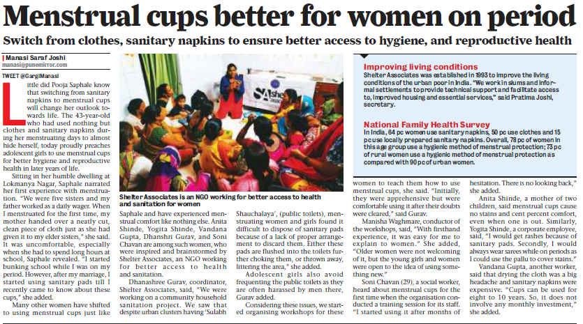ShelterAssts's tweet photo. Women share their journey towards eco-friendly menstrual hygiene with Pune Times Mirror. 
More than 2000 slum women have switched to eco-friendly menstrual hygiene products. Read this article featured in Pune Times Mirror on SA's initiative to promote Green Periods. https://t.co/mDs9sGKQtN