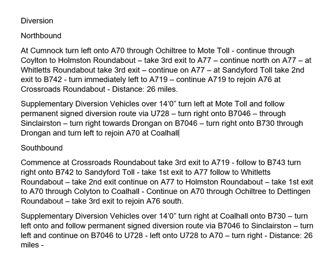 trafficscotland's tweet photo. UPDATE❗⌚03:28

#A76
#A76 Mauchline - Catrine ⛔️CLOSED

#A76 remains closed in both directions at Catrine, Ayrshire.
Police and Emergency services are in attendance.

All traffic is diverted❗

#FollowDiversion below👇
#TakeCare on approach
@SWTrunkRoads https://t.co/5VVUFHzprf