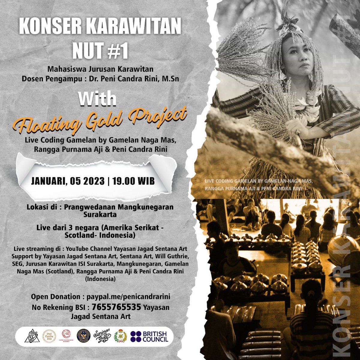 Karawitan Concert by mahasiswa jurusan karawitan <a href="/isisurakarta/">ISI Surakarta</a> with live gamelan coding by <a href="/_nagamas/">Gamelan Naga Mas</a> <a href="/Peni_Candrarini/">Peni Candra Rini</a> &amp; <a href="/RanggaPurAji/">Rangga Purnama Aji</a> at <a href="/jawasolo/">Mangkunegaran Palace</a> 05012023 at 19:00 WIB