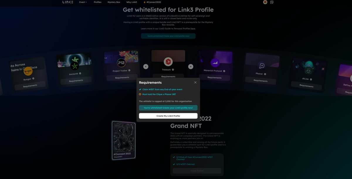 tất cả ae có đủ 3 W3ST #Connect2022 và 5 W3ST bất kỳ, vào check xem được WL rùi nhé. Ae klick vào bất kỳ cái dự án nào có chữ Requirement - Create My Link3 Profile nhé. Khi mở Profile phải tạo link3 Handle tốn tầm 16-24$...ae chuẩn bị ETH nhé ^_°
