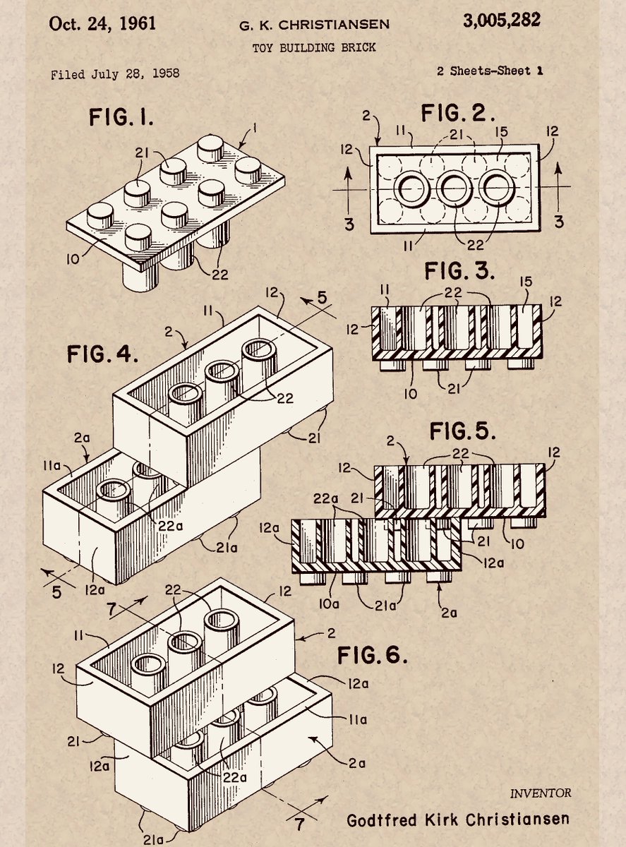 Imagine the joy of patenting the famous Lego piece in 1961. Figure from original patent.