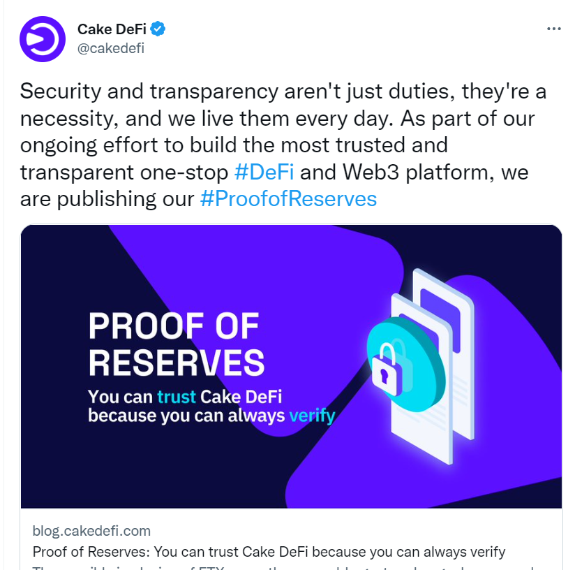 GlobalWeb3News's tweet photo. 🔴Newsflash
Cake DeFi Publishes Merkle Tree-Based Proof of Reserves

Singapore #DeFi services firm @cakedefi has announced the release of its proof of reserves using the cryptographically audited #Merkle tree method.(CoinTelegraph) https://t.co/nd4qNgTCIj