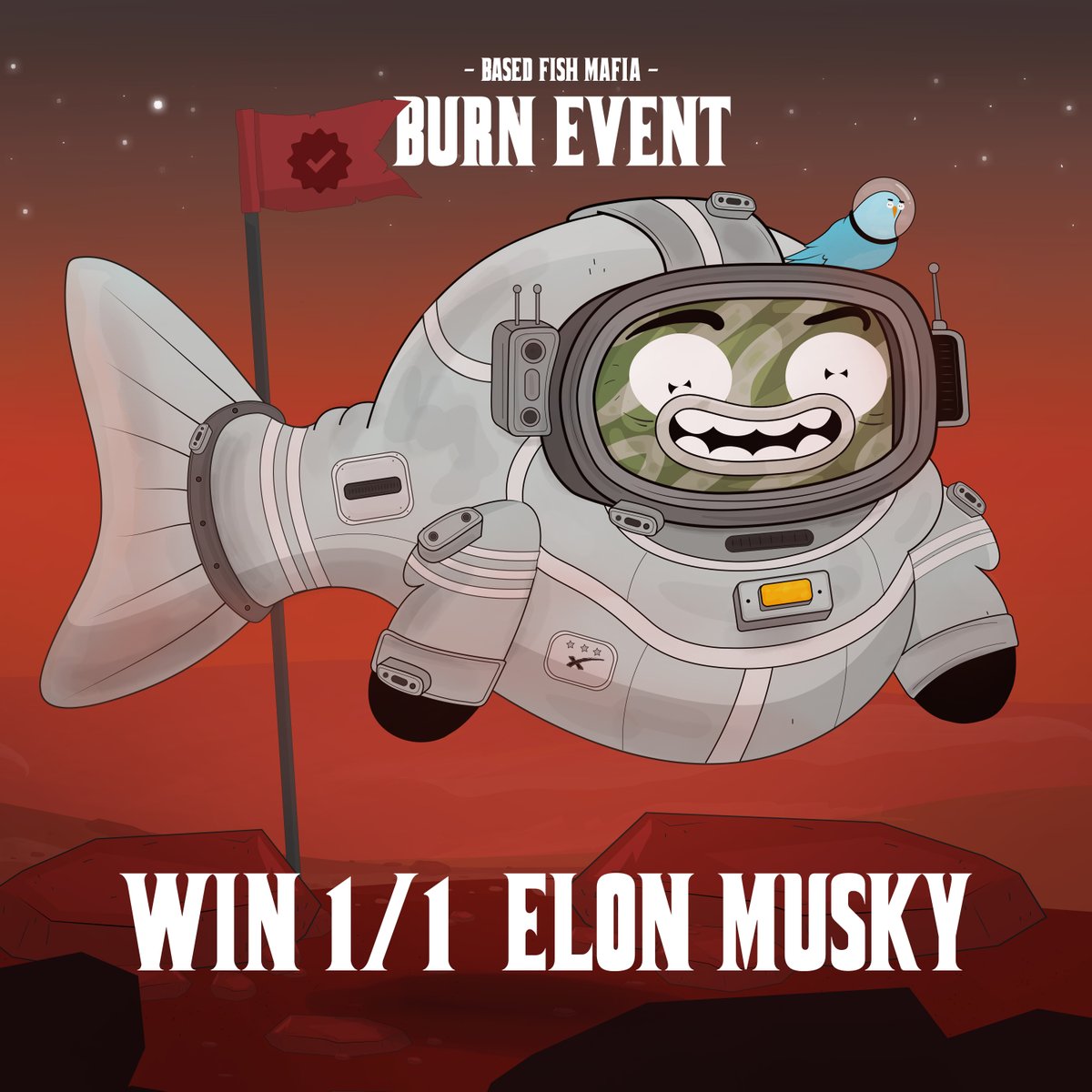 basedfishmafia's tweet photo. All You Can Burn Event: Musky Edition

You could win the 1/1 Elon Musky #NFT! Elon Musky was created to honor the BASED acquisition of Twitter by @elonmusk 

Burn Event Details 🔥
https://t.co/JVebzrtGnJ

Other prizes such as hand paintings by artist @mrcallaby are up for grabs! https://t.co/RnQtvk4hsF