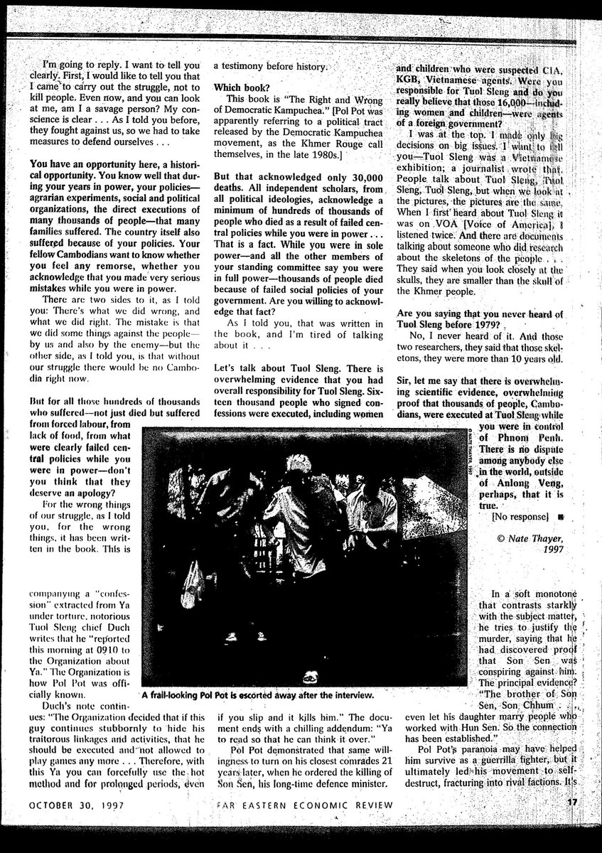 sstrangio's tweet photo. Nate Thayer's remarkable dispatch from Anlong Veng, #Cambodia, documenting his meeting and interview with Pol Pot. Published in the Far Eastern Economic Review, Oct. 30, 1997. https://t.co/Lv42ogd6dc