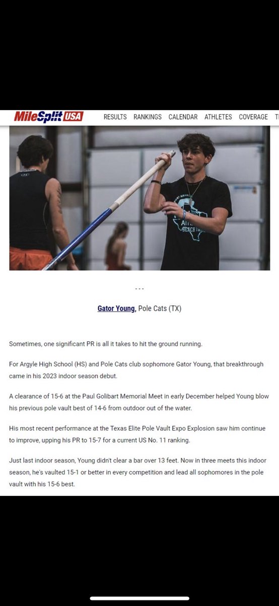 GatorYoung2's tweet image. What a honor!! Thank you @milesplit for the great post! Blessed to be ranked 11th in the US and 1st in the US for sophomores. #keepworking @scott_styron @ArgyleTf @VaulterMagazine