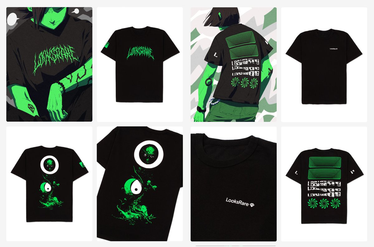 Just ordered 2 tees from <a href="/LooksRare/">LooksRare</a> Shop
🛒 shop.looksrare.org
Couldn't resist their bright green graphics &amp; <a href="/ImaginarySina/">𝕴𝖒𝖆𝖌𝖎𝖓𝖆𝖗𝖞𝕾𝖎𝖓𝖆.eth 🔥😈😈🔥 (CERD) (Ɔ)</a>'s illustration