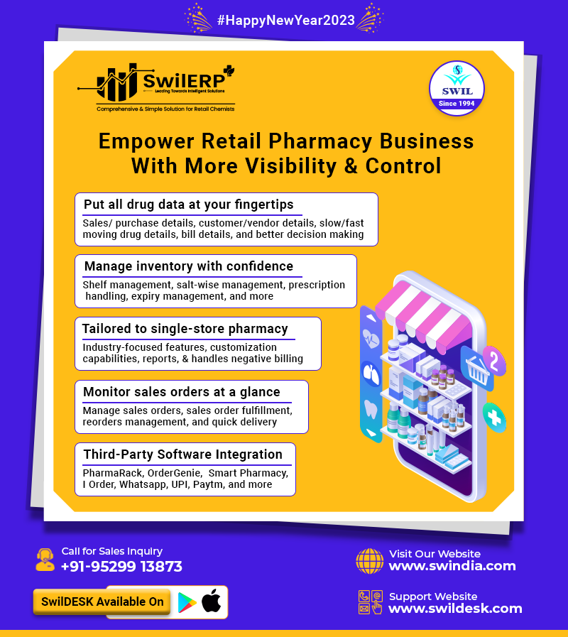 swilerpsoftware's tweet image. Choose #SwilERPsoftware to meet all the needs of your #retailpharmacy business. Book a SwilERP Demo today.
Call for Sales Inquiry📲+91 9529913873
Visit👉zcu.io/Z5Hr

#SwilPharmacySoftware #PharmacyInventorySoftware #PharmacySoftware #SwilSoftware #NewYear2023 #NewYear