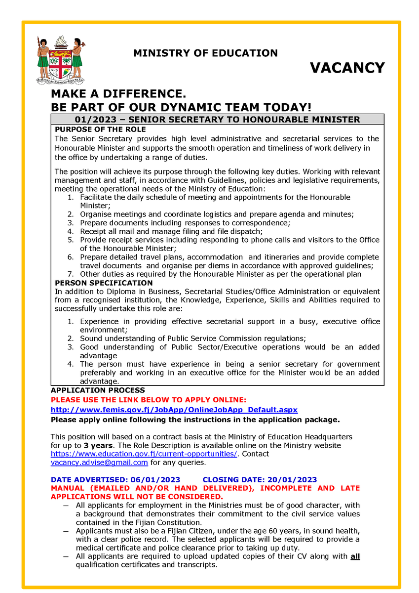 VACANCY - SENIOR SECRETARY TO HONOURABLE MINISTER OF EDUCCATION Make a difference. Be part of our dynamic team today! PLEASE USE THE LINK BELOW TO APPLY ONLINE: femis.gov.fj/JobApp/OnlineJ… Read more: bit.ly/3CoHIBB #FijiNews #Fiji #TeamFiji #Education