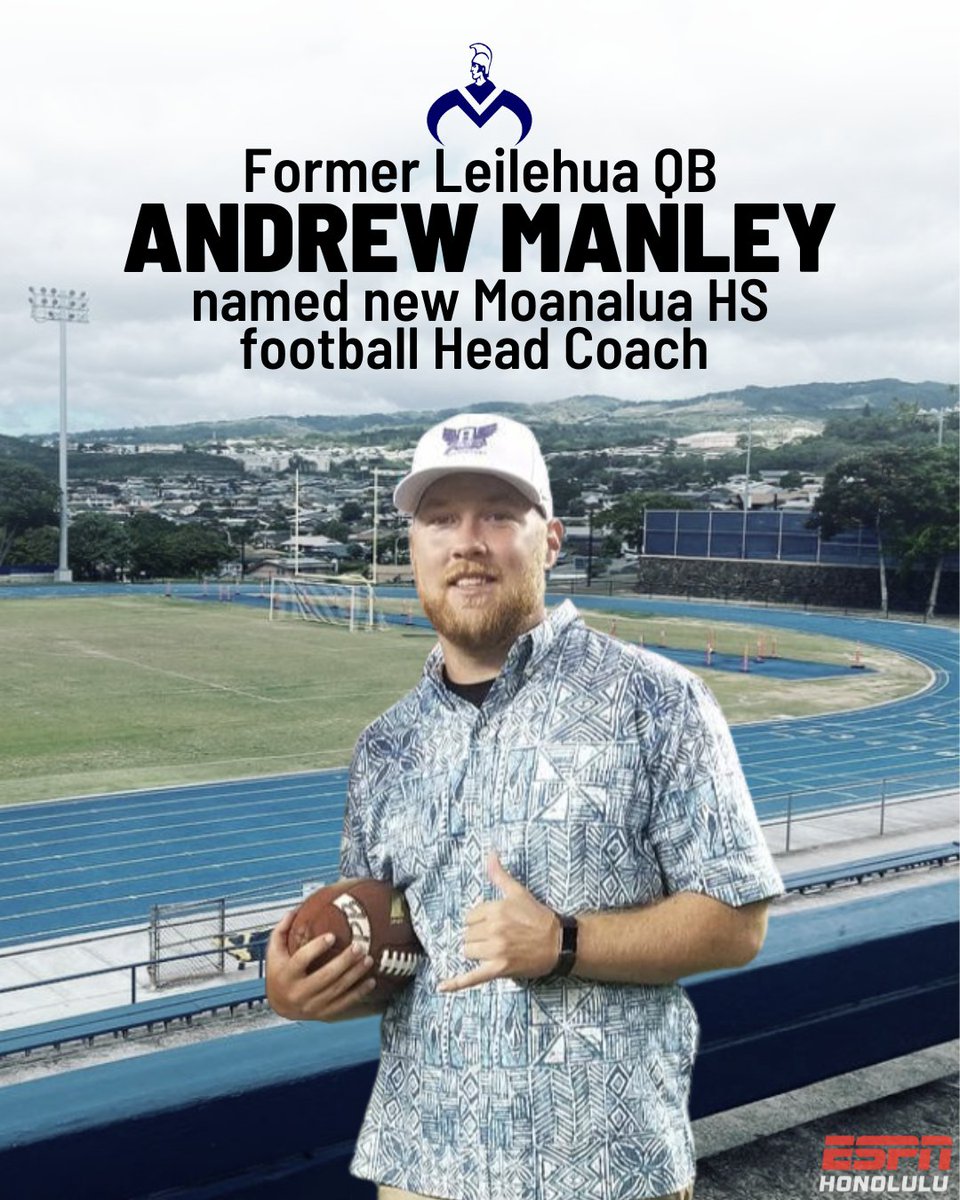 ESPNHonolulu's tweet photo. Andrew Manley announced via social media today that he has been named the new head coach for the Moanalua HS football team.
via Coach Manley's IG: New year, New home field, New role. Excited to be Moanalua’s new Head Football Coach. #GoMenes #LetsRide https://t.co/mProzIihck