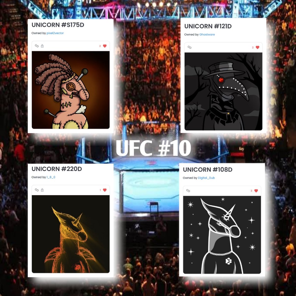 Unicorn_ID_NFT's tweet photo. UFC #10 5 JANUARY 2023
(UNICORNID FIGHTING CHAMPIONSHIP)

BIG MATCH !!

UNICORN : 
#S175D by @pixel2vector
#121D by @GhostwareNFT
#220D by @Strumento13
#108D by @Digital_Dub01

End 24H

VOTE YOUR UNICORN 🦄 AND BE A CHAMPION 🏆

VOTE AT ⬇️👇

#NFT #NFTS #VERTICALNFT #NFTCommunity https://t.co/ZEKKg3Ybcf