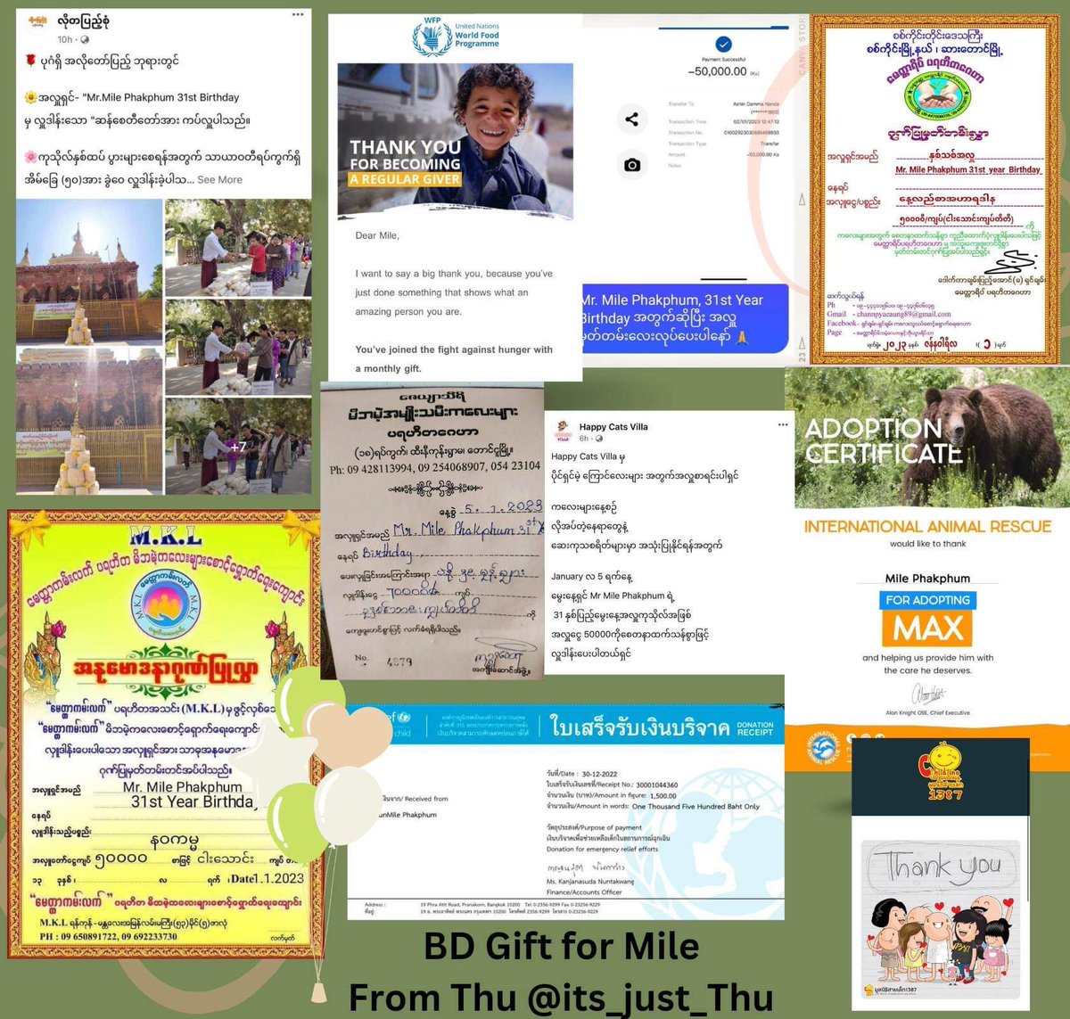 its_just_Thu's tweet photo. 💚HBD มาย💚
I made 31 donations for 31 year old Mile.
The love was shared to temples, old aged, patients, mom&amp;child in need, strayed animals, animal adoptions &amp; homeless people. 
May you always receive the love and happiness that you deserve
#HappyMilePhakphumBD2023
@milephakphum https://t.co/q2hXuQLK2e