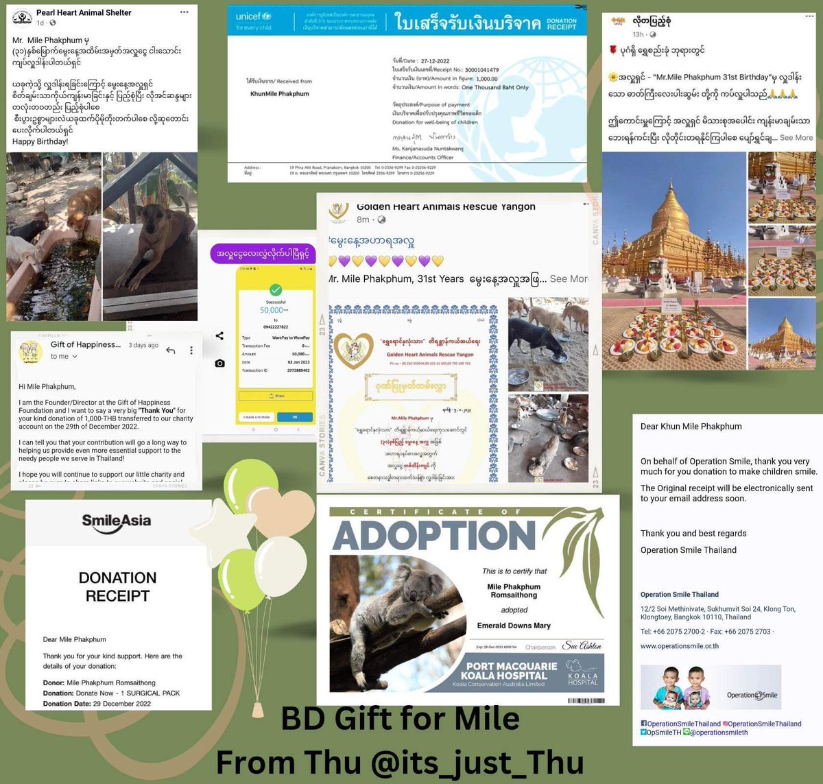 its_just_Thu's tweet photo. 💚HBD มาย💚
I made 31 donations for 31 year old Mile.
The love was shared to temples, old aged, patients, mom&amp;child in need, strayed animals, animal adoptions &amp; homeless people. 
May you always receive the love and happiness that you deserve
#HappyMilePhakphumBD2023
@milephakphum https://t.co/q2hXuQLK2e