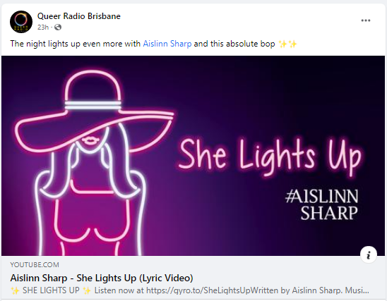 AislinnSharp's tweet photo. Thanks so much @QueerRadioBrisb for playing my new song 'She Lights Up' on your latest show!! I really appreciate your continued support of my music @4zzzradio 📻🌈✨❤️
https://t.co/mE4kHKaDyT
#QueerRadio #4zzzRadio #SheLightsUp #Brisbane https://t.co/uknPS67LFd