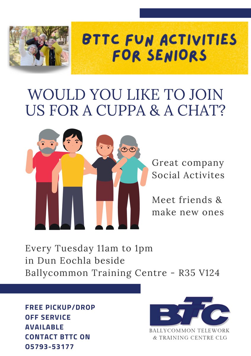 We are back on Tuesday the 10th of January with our BTTC Activities for Seniors. This is a wonderful opportunity to meet friends and make new ones. We have a pickup and drop-off service available. #AgeActionIreland #BTTC #Offaly