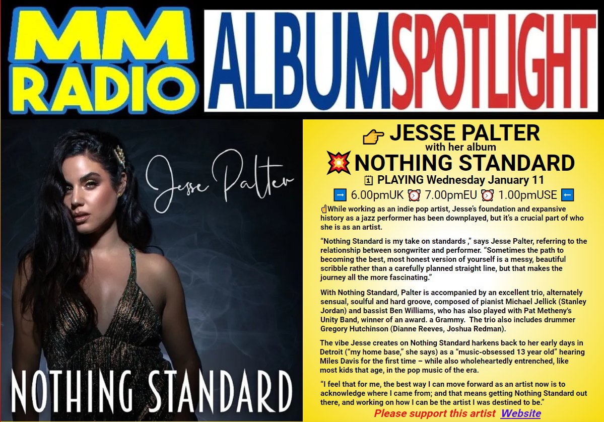 ➡️ ALBUM SPOTLIGHT
➡️ JESSE PALTER with her album
➡️ NOTHING STANDARD
🚨 PLAYING Wednesday January 11
👉 mm-radio.com
<a href="/jessepalter/">Jesse Palter</a> <a href="/dorner_martina/">Martina Dörner</a> <a href="/SteveInglis8/">Steve Inglis</a> <a href="/rockthealphabet/">Rock the Alphabet</a> <a href="/caravanmediapr/">JJ Kane</a> <a href="/mstradmusic/">mattstradermusic</a> <a href="/stevepetrinko/">steve petrinko</a>
